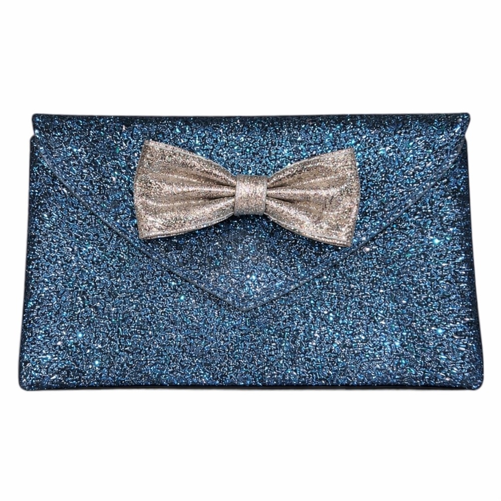 Miss Albright Anthropologie Blue Glitter Bow Clutch Evening Bag Sparkle Party